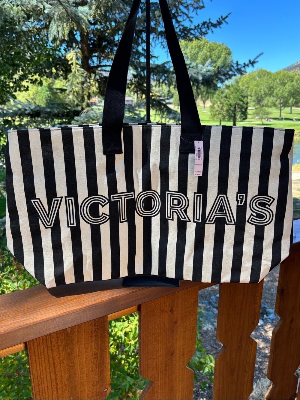 Victoria’s Secret Black and Cream Vertical Stripe extra large canvas Tote